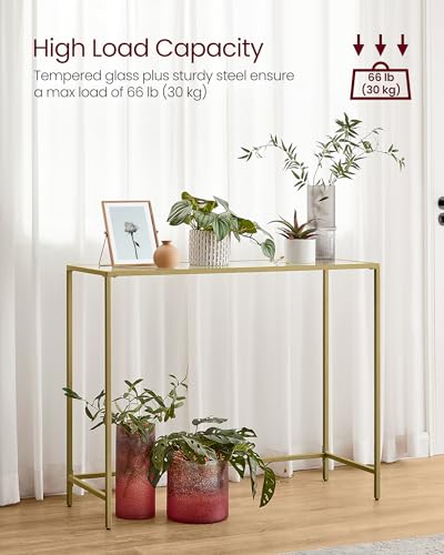 Vasagle Console Table, Tempered Glass Table, Modern Sofa or Entryway Table, Metal Frame, Sturdy, Adjustable Feet, for Living Room, Hallway, Golden