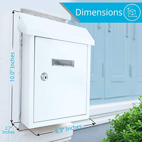 Serenelife SLMAB01 Wall Mount Lockable Mailbox- Modern Outdoor Galvanized Metal Key Large Capacity- Commercial Rural Home Decorative & Office Business Parcel Box Packages Drop Slot Secure Lock, White, 10''x 3.9''x 12.4''