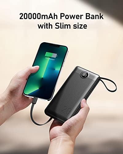 VEEKTOMX Power Bank with Built in Cables, 20000mAh Portable Charger with 5 Outputs & 2 Inputs and LED Display, External Battery Bank for iPhone/iPad/Samsung Galaxy and Travel(20000mAh Black)