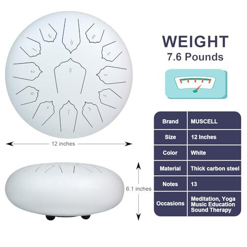 MUSCELL Steel Tongue Drum 12 Inches 13 Notes, Hand Drum with Bag, Music Book, Drumsticks, Mallet Holder and Finger Paddles, Thickened Carbon Steel, Continuous Echo for Meditation or Yoga (White)