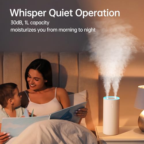 JISULIFE Humidifiers for Bedroom, Dual Mist Ports 3 Speeds Small Humidifier, Rechargeable Desk Portable Humidifier 8000mAh with Light, Auto Shut-Off, Cool Mist Humidifiers for Baby/Nursery/Plant White