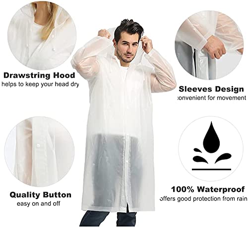 Raincoat, [2 Pack] Portable EVA Rain Coats Reusable Rain Poncho with Hood and Elastic Cuff Sleeves, White (white)