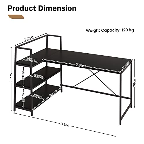 Giantex L-Shaped Computer Desk, Reversible Corner Desk with 3-Tier Storage Shelf & Metal Frame, Modern Executive Office Desk, PC Laptop Workstation for Small Space (Black)