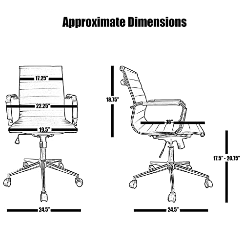 2xhome Modern Office Desk Chair Mid Back Ribbed PU Leather Conference Task Armchair with Swivel Tilt & Adjustable Height, White