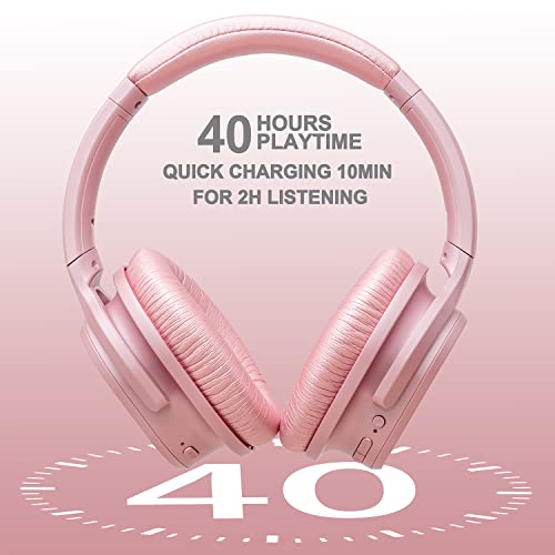ZIHNIC Active Noise Cancelling Headphones, 40H Playtime Wireless Bluetooth Headset with Deep Bass Hi-Fi Stereo Sound,Comfortable Earpads for Travel/Home/Office (Rose Gold)