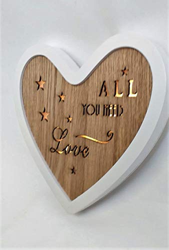 SHATCHI LED Light Up Wooden Heart Shape Table Frame Love Plaque Standing Christmas Home Office Desktop Decorations, White & Brown