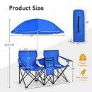 COSTWAY Double Portable Picnic Chairs, Folding Camping Chairs w/Detachable Umbrella, Cooler Bag, Cup Holders, Patio Beach Camping Chairs for Outdoors, Blue