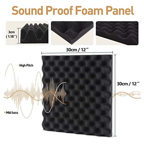 AUSLET- 24 Pack Egg Crate Acoustic Panels，30 X 30 X 3 cm High Density Sound Proofing Panels，Sound Proof Panels,Sound Proof Foam Panels for Wall