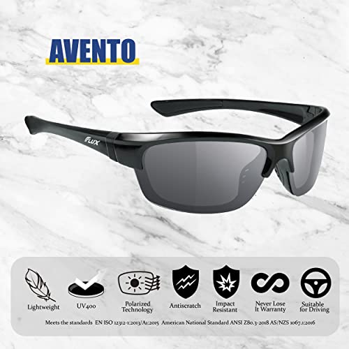 Flux AVENTO Polarized Sports Sunglasses UV400 Protection with Anti-Slip Function and Lightweight Frame - for Men and Women when Driving, Running, Baseball, Golf, Casual Sports (BLK)