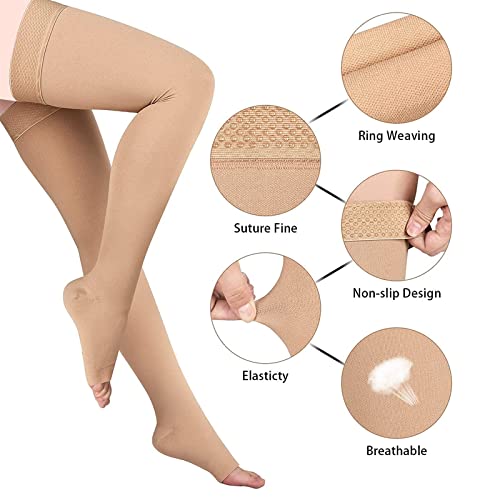 Thigh High 20-32 mmHg Compression Stocking Toeless Compression Socks for Women & Men Circulation with Silicone Dot Band, Beige, 4X-Large