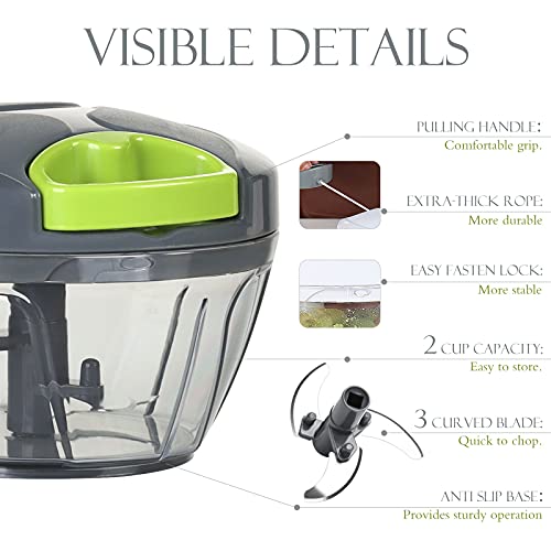 Manual Food Processor Vegetable Chopper, Ourokhome Portable Hand Pull String Garlic Mincer Onion Cutter for Veggies, Ginger, Fruits, Nuts, Herbs, etc., 2 Cup, Grey.