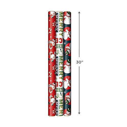 Hallmark Vintage Christmas Wrapping Paper Cut Lines on Reverse (3 Rolls: 120 sq. ft. TTL) Dancing Santas, Classic Snowman, Merry, Jolly, Happy, Peace