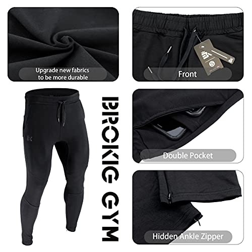 BROKIG Mens Joggers Sport Pants, Casual Gym Workout Sweatpants with Double Pockets (Large, Black)