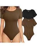 OQQ Women's 2 Piece Bodysuits Sexy Ribbed One Piece Short Sleeve Tops Bodysuits, Black Coffee, Medium