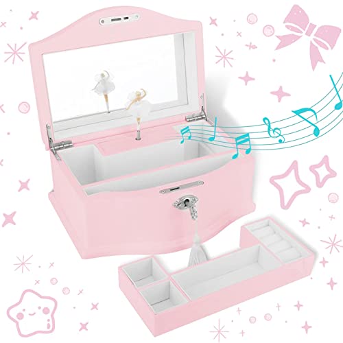 Wooden Ballerina Pink Musical Jewelry Box with Mirror&Tassel Key for Kids,Girls,Musical Keepsake Gift,Kid's Jewelry Storage Music Box (Pink)