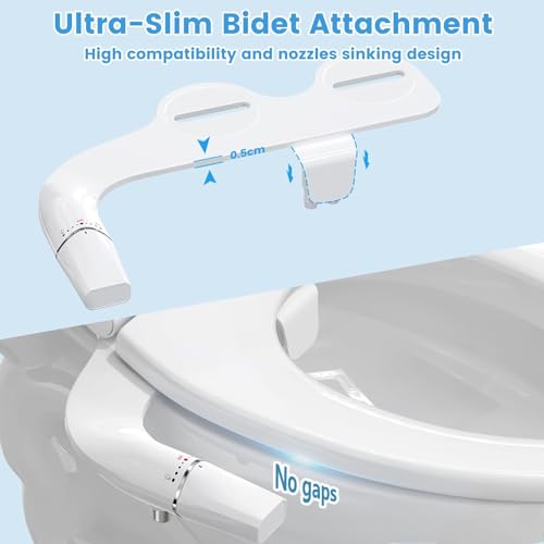 BYRISON Bidet for Toilet, Ultra-Slim Bidet Attachment with Dual Nozzle (Feminine/Posterior Wash), Adjustable Water Pressure, WC Toilet Seat Bidet with Brass Inlet and Metal Hose, Easy Installation