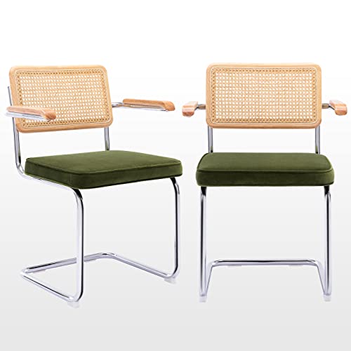 Zesthouse Mid-Century Modern Dining Chairs, Rattan Dining Arm Chairs Set of 2, Accent Chairs with Metal Chrome Legs and Armrest, Velvet Upholstered Cane Armchairs for Living Room, Kitchen, Olive Green