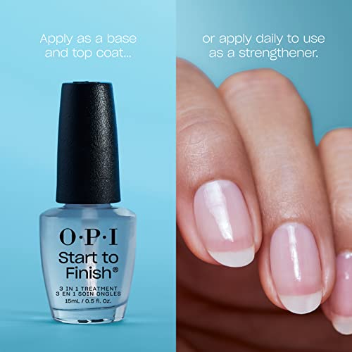 OPI Start to Finish, 3-in-1 Treatment, Base Coat, Top Coat, Nail Strengthener, Vitamin A and E, Vegan Formula, Long Lasting Shine, Up to 7 Days of Wear as Top Coat, Clear, 15ml