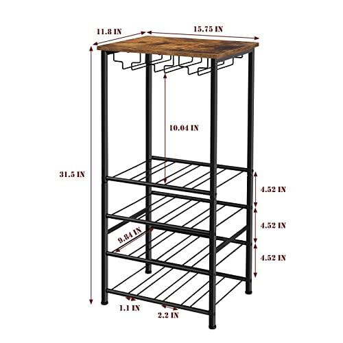 OYEAL Wine Rack Freestanding Floor, Rustic Holder Stand with Storage and Bottle Shelf, 16 Bottles Floor Shelf for Kitchen Dining Room, Office, Bar, Rustic Brown