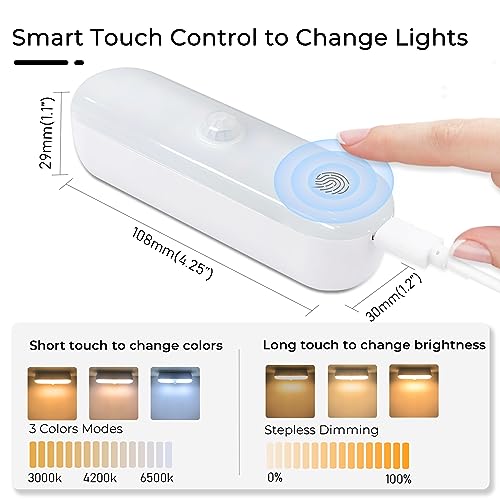 MERTTURM Wireless Motion Sensor Light, 3 Motion Modes x 3 Colors x Brightness Dimmable Magnetic Cabinet Light, 1600mAh Rechargeable&Touch Control Night Light to Wardrobe, Closet, Hallway, Stair[3PACK]