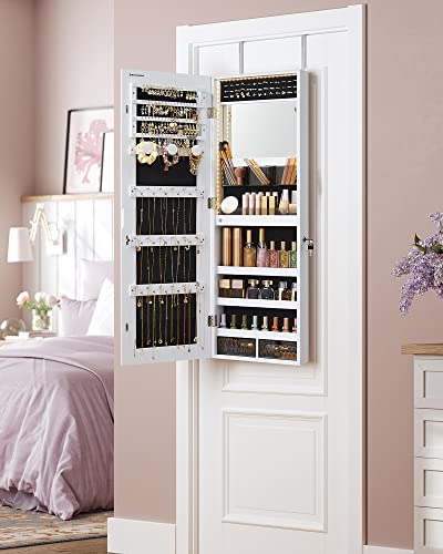 SONGMICS Jewelry Cabinet Armoire Organizer with LED Lights, Wall-Mounted Storage Cabinet with Full-Length Frameless Mirror, Built-in Makeup Mirror, 2 Drawers, Lockable, White UJJC013W01