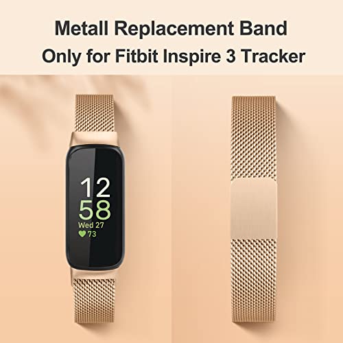 Meliya for Fitbit Inspire 3 Bands Women Men, Stainless Steel Metal Mesh Loop Adjustable Magnetic Wristband Replacement Strap Compatible with Fitbit Inspire 3 Fitness Tracker (Rose Gold)