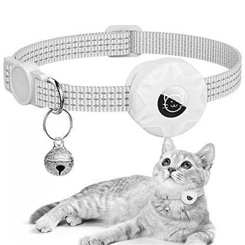 AirTag Cat Collar, Reflective Kitten Collar Breakaway Apple Air Tag Cat Collar with Waterproof Airtag Holder Compatible and Bell, Lightweight Tracker Cat Collars for Cat Dog Kitten Pupp(White)