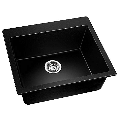 Cefito Stone Kitchen Sink 57 x 50cm Black Single Bowl Sinks Granite, Laundry Bathroom Home Basin, Handmade Heavy Duty Durable Thick Seamless Design Top Mount Oil Resistant