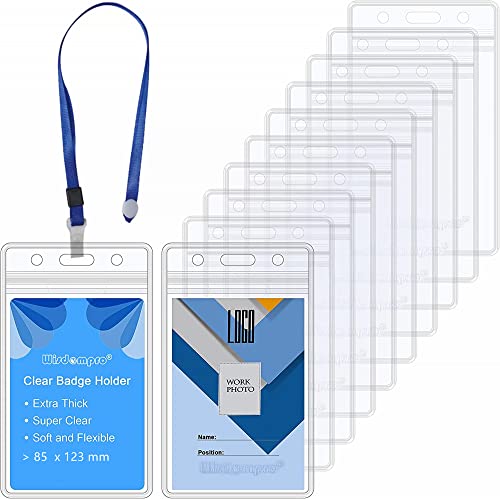 10 Pack Vertical ID Card Badge Holder with Blue Lanyards, Waterproof Clear PVC Key Card Sleeve Case Plastic Wallets with Resealable Zip for Business, Exhibition, School,Office (Breakaway Lanyards)