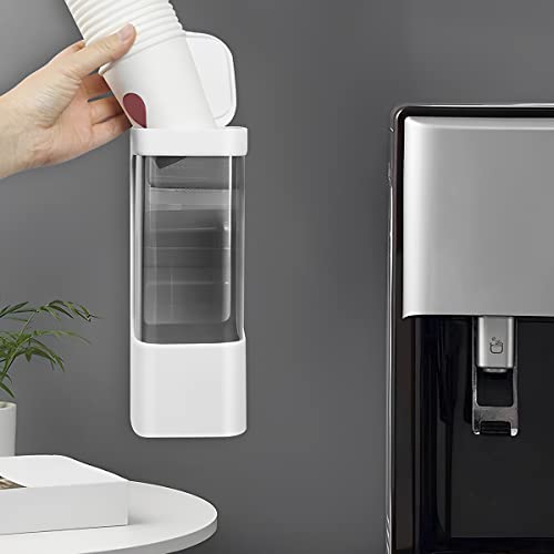 Water Cooler Cup Dispenser 3oz-5oz Wall Mounted Paper Cup Dispenser Plastic Pull Type Cup Holder with Lid Adhesive Water Cup Holder Dust-Proof Cup Organizer for Kitchen Office (White)