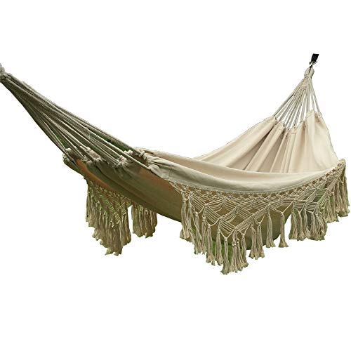 Macrame Cotton Camping Boho Hammock Woven Hanging Rope Chair Porch Swing with Crochet Fringe for Balcony Backyard Patio Garden Pool Outdoor and Indoor Natural White