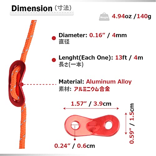 Azarxis Reflective Tent Guide Rope Lightweight Guy Line Cord with Aluminum Adjuster Tensioner for Camping Hiking Backpacking - Essential Survival Gear 13 ft per Piece (Orange - 4mm - 12 Pack)