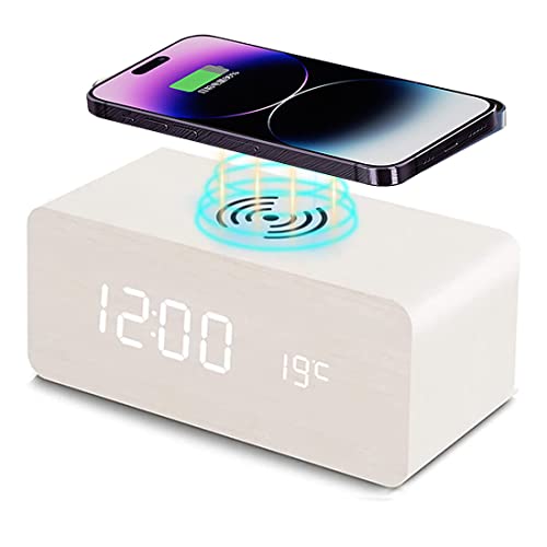 Wooden Digital Alarm Clock with Wireless Charging, 3 Alarms LED Display, Sound Control and Snooze Dual，Adjustable Brightness, Time Temperature (White)