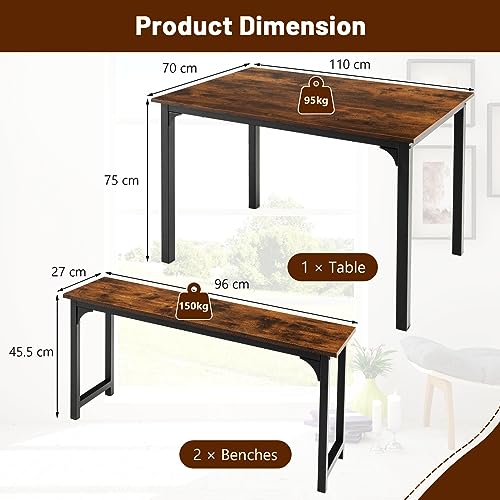 Giantex Dining Table Set for 4, 3 PCS Farmhouse Kitchen & Dining Room Furniture Kit with 2 Benches, Space-Saving Breakfast Nook Table Set (Rustic Brown + Black)