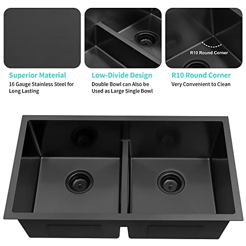 Zeesink Black Kitchen Sink 32" X 18",Double Bowl Kitchen Sink,Low Divide Undermount Kitchen Sink,Black Undermount Double Sink,50/50 Double Bowl 16 Gauge Stainless Steel Kitchen Sink