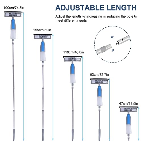 Window Squeegee Cleaner Tool with Spray, 3-in-1 Window Washer Cleaning Kit with Extension Pole, 74.8" Telescopic Window Wiper with Bendable Head, Glass Cleaning Tools for High Window Indoor/Outdoor