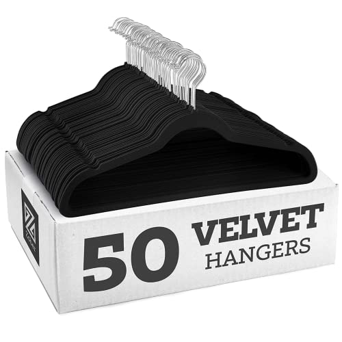 Zober Velvet Hangers 50 Pack - Black Hangers for Coats, Pants & Dress Clothes - Non Slip Clothes Hanger Set w/ 360 Degree Swivel, Holds up to 10 lbs - Strong Felt Hangers for Clothing