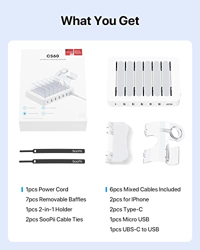 SooPii 60W 6-Port Charging Station for Multiple Devices, PD 20W USB C Fast Charging for lPhone 14/13/12,6 Short Cables Included, 2 in 1 Holder,for Phones,Tablets and Others