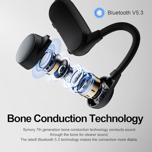 Flymory Bone Conduction Headphones Bluetooth 5.3, Open Ear Wireless Earphones with IPX5 Waterproof, Sports Headset with 12 Hours Playtime for Running, Cycling, Working, Hiking