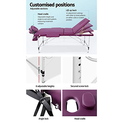 Zenses Massage Table 75cm Portable 3 Fold Aluminium Beauty Bed Violet