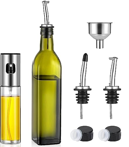 Epzia Olive Oil Dispenser 17 OZ and Oil Sprayer Bottle 100 ML for Cooking Set - Green Oil and Vinegar Cruet Bottle Set for Kitchen - Glass container with Drip-Free Stainless Steel Spout