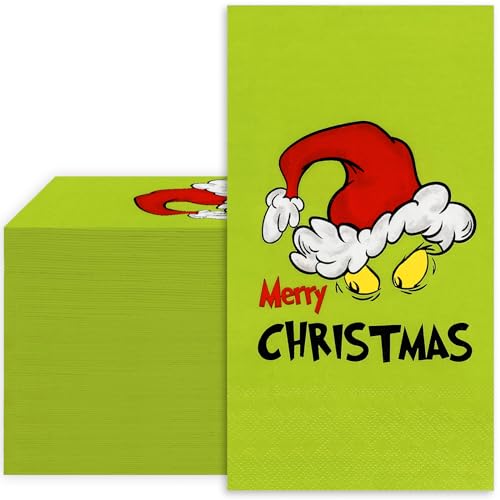 Whaline Christmas Guest Napkins Green 3 Ply Disposable Napkins Merry Christmas Bathroom Napkins Xmas Guest Hand Towel Napkins for Party Supplies, 80Pcs