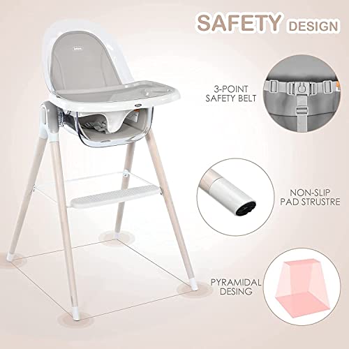 BABY JOY 4-in-1 Baby High Chair, Wooden Highchair Booster Seat w/Adjustable Seat & Double Removable Tray, Infant Dining Chairs Rocking Chair w/Storage Bag, Footrest & 3-Point Safety Belt, Gray