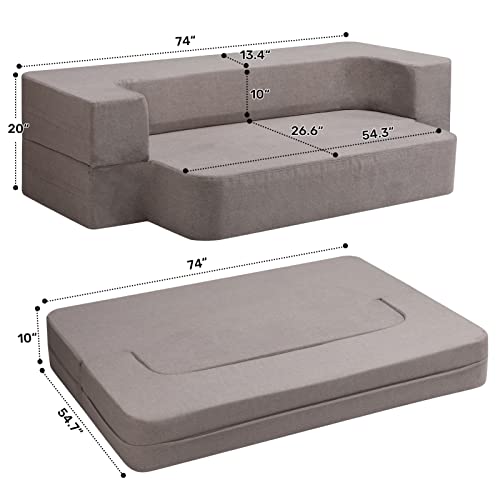 HollyHOME Folding Sofa Bed Couch Queen, 10"(H) Memory Foam Mattress, Fold Out Futon Sofa Sleeper Chair Bed for Guest, Comfy Floor Sofa/Guest Bed for Bedroom, Living Room, (L)74.8"x(W)54", Light Grey