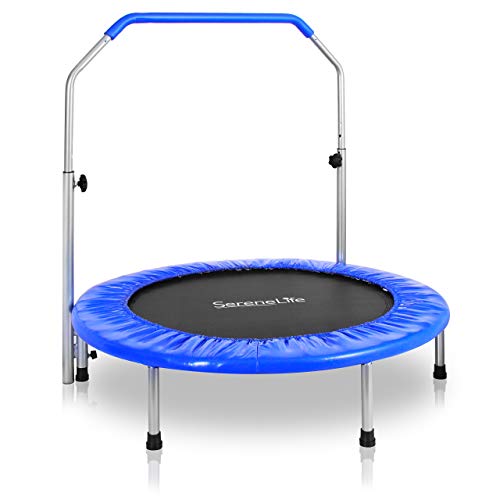 SereneLife Portable & Foldable Trampoline - 40" in-Home Mini Rebounder with Adjustable Handrail, Fitness Body Exercise - SLSPT409, Blue