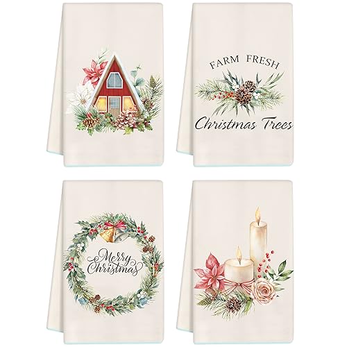 WILLBOND 4 Pieces Christmas Farmhouse Kitchen Towels Winter Farmhouse Kitchen Dish Towels Winter Christmas Kitchen Dish Towels Tea Towels for Christmas Winter Kitchen, 18 x 28 Inch