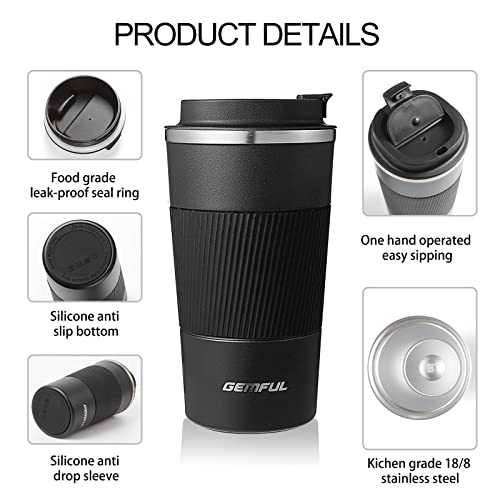 GEMFUL Travel Mug Stainless Steel Tumbler Double Vacuum Heat Insulation Coffee Cup for Cold and Hot Drinks 510ml