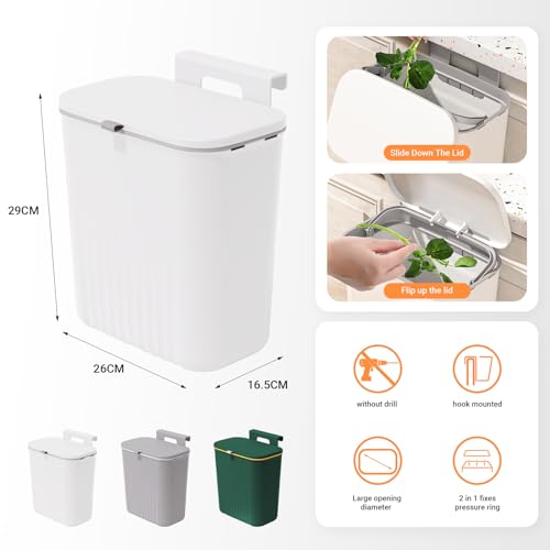 USOR Hanging Kitchen Trash Can with Lid| Green Recycle Kitchen Waste Bins Small Plastic Rubbish Bin Wall Mounted Recycling Garbage Can Under Sink Countertop Compost Bin in Bedroom Bathroom Rv