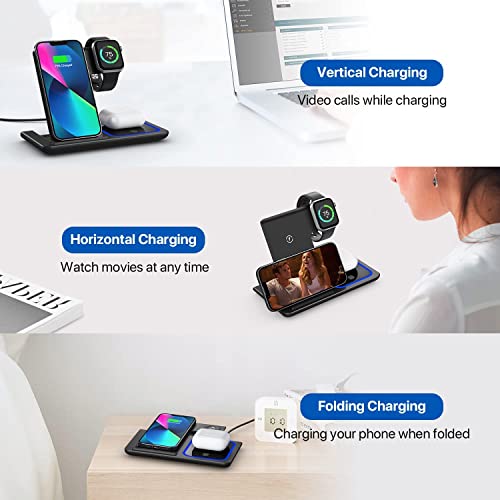 Wireless Charging Station, 3 in 1 Wireless Charger Stand, Fast Wireless Charging Dock for iPhone 15/14/13/12/11/Pro/X/Max/XS/XR/8/Plus, for Apple Watch7/6/5/4/3/2/SE, for Airpods 3/2/Pro(Black)