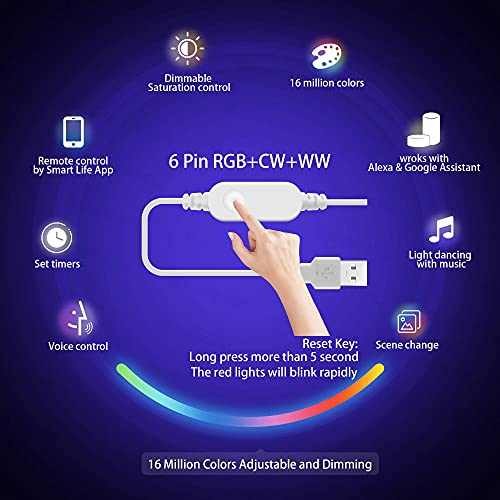 GIDEALED Smart WiFi USB Strip Lights RGBWW 9.8ft Works with Alexa/Google Home,APP/Voice Control Alexa Light Strip DC5V DIY Decoration TV Ambience Lighting Color Changing, Music Sync and Time Setting